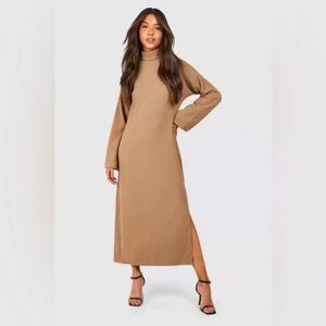 Boohoo | ripple rib flare sleeve turtleneck midi dress camel size 8